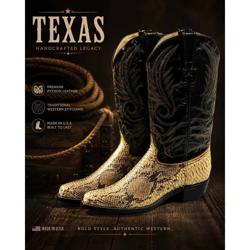 Vintage Texas USA Made Python Snakeskin Cowboy Boots Mens 10.5 Western